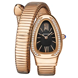 Gosasa Stylish Women's Snake Shape Bangle Watch Unique Design Snake Coil Elegant Dress Diamond Bracelet Ladies Quartz Wristwatch with Roman Numerals Dial, Rose Black, Unique