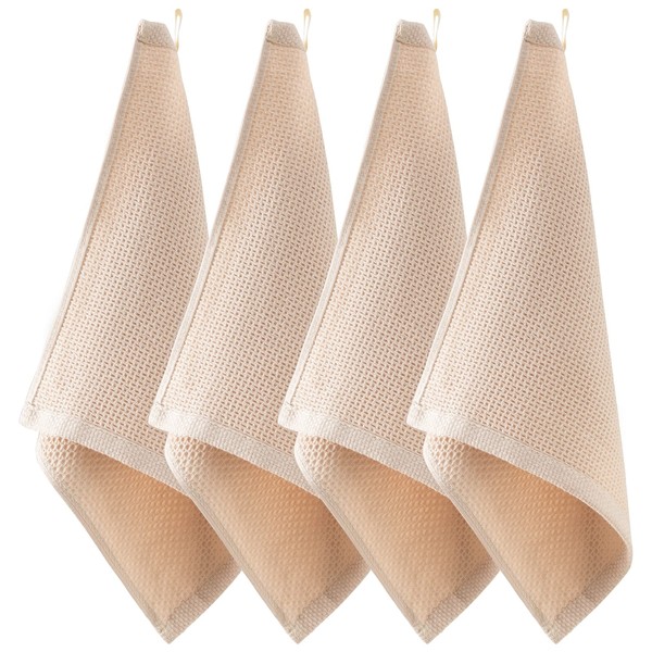 EXGOX Kitchen Towel, Zookin, Beige, Kitchen Towel, Thick Cloth, Cotton Dish Towel, Countertop, Wiping Glass, Washbasin, Window Mirror, Table Cloth, Water Absorbent, Quick Drying, Antibacterial, Odor Resistant, 4 Pieces, Approx. 13.0 x 13.0 inches (33 x 3