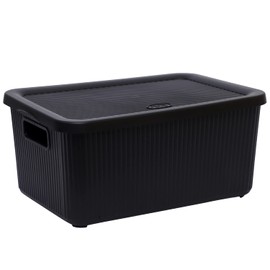 JMS we create smile Plastic Storage Box With Lid Basket Container Stackable Organiser Lidded Bin With Handles Makeup Storage Desk Shelves (Black, 14 Litre)