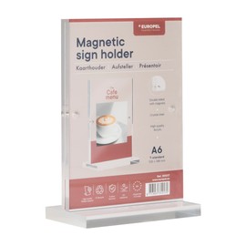 EUROPEL Luxe A6 Table Stand, T-Stand, with Magnets, Portrait Format, Acrylic, Menus & Leaflet Holder for Restaurants, Hotels, Conference & Reception, Freestanding & Double-Sided Use