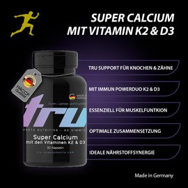 TRU Sports Nutrition | Super Calcium mit Vitamin D3 + K2-90 Kapseln - mit 200mg Calcium, 750 I.E. Vitamin D3 und 51μg Vitamin K2 - Hochdosiert - 100% Vegan | Herstellung & Laborprüfung in Deutschlan