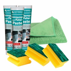 Hotrega Cleaning and Polishing Paste, 3x 125 ml incl. 3x Sponge + 1x Microfibre Cloth