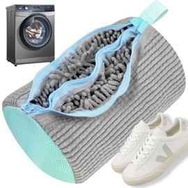 VIBINHO 2 in 1 Shoe Wash Bag, Washing Machine, Wash Bag Shoes with Double Zip, Double Pockets, Reusable Shoe Wash Bag with 360° Cleaning Fluff, for Shoe Types and Sizes, Grey