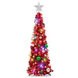 N&T NIETING Pop Up Christmas Tree with Lights & 25 Balls, 3Ft Collapsible Red Tinsel Christmas Tree Decorations, Pencil Christmas Tree Skinny Christmas Tree for Holiday Xmas Home Office Decor
