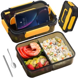 LENGSIDA Caja de Almueo, Fiambreras con 3 Compartimentos, 1500ml, con Cubiertos, Portátil, Sellada，Se Puede Calentar y Refrigerar (Amarillo)