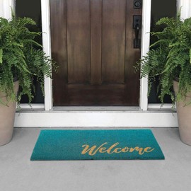mDesign Rectangular Coir and Rubber Entryway Welcome Doormat with Natural Fibers for Indoor or Outdoor Use - Decorative Script Welcome Design - Turquoise/Natural
