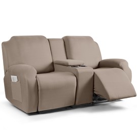 TAOCOCO Reclining Loveseat with Middle Console Slipcover, 4 Piece Polyester Fabric Stretch Loveseat Recliner Sofa Covers, Soft Washable Furniture Protector (Khaki, 2 Seater with Console Cover)