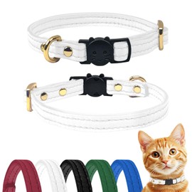Qianruida Leather Cat Collar with Bell Cat Collar Breakaway Safe Collars for Cats Safety Buckle Kitten Collar-White