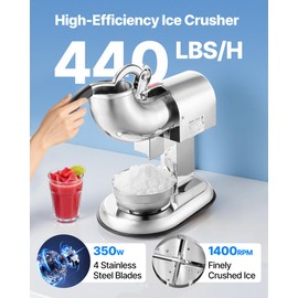 VEVOR Ice Crusher Machine, 440lbs Per Hour Electric 4 Blades Snow Cone Maker, All Stainless Steel Shaved Ice Machine with Bowl and Cover, 350W 1400RPM Ice-Shaver for Home and Commercial Use, Silver