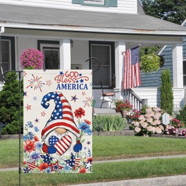 Heyfibro God Bless America Gnome Patriotic Garden Flag 12x18 Double Sided Burlap, 4th Of July USA Heart Star Fireworks Flower Yard Flags for Rustic Independence Day Outdoor Decor (ONLY FLAG)