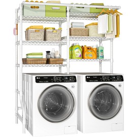Ulif U13 Over Washer and Dryer Storage Shelves, 6 Tiers Laundry Room Standing Shelf with 2 Hanger Rods, Space Saver Clothes Drying Rack, 63.4" W x 22" D x 77.4" H, White