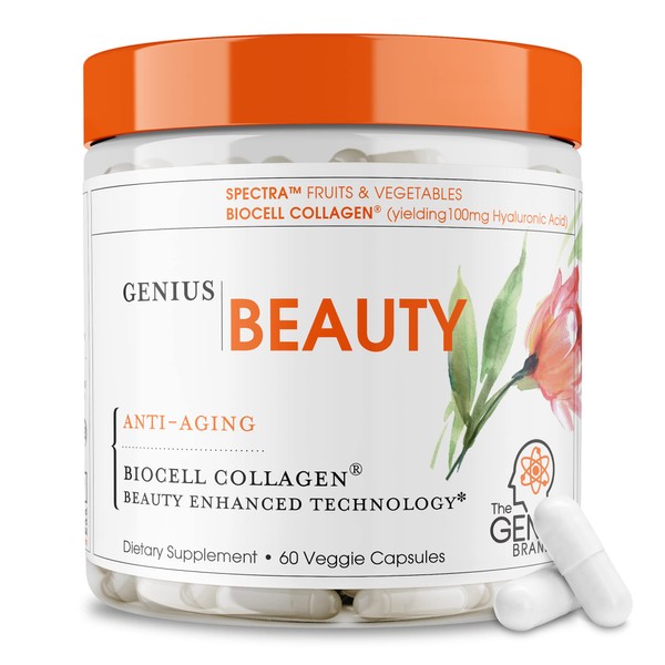 Genius Beauty, Hair Skin & Nails Vitamins, 60 Capsules - Anti-Aging Antioxidant Supplement, Hydrolyzed Collagen Pills, Glutathione & Astaxanthin - Detox Cleanse, Wrinkles, Hair Growth & Healthy Skin