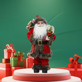 Kaemingk Traditional standing santa - father christmas figure - 30cm christmas figurine - plain red fur trim coat holding sack and canadian snowshoes - indoor standing santa decoration.