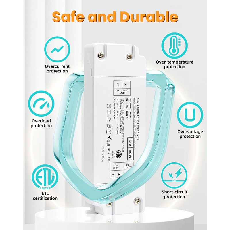 Cheopha LED Dimmable Driver 30W, 5-in-1 LED Transformer 12V Dimmable