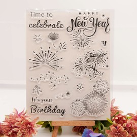 Christmas Fireworks Dandelion Clear Stamps for Card Making Decoration DIY Scrapbooking, Happy New Year Birthday Silicone Transparent Seal Clear Stamps for Embossing Album Decor Craft.