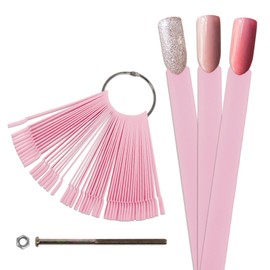 Beauticom PINK 50 Piece Plastic False Nail Tip Sticks Chart Fan with Metal Ring Holder and Screw for Nail Polish Swatch, Practice Nail Art Design and Pattern Display Tool