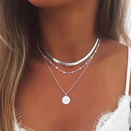 Wendalern Layered Snake Bone Choker Necklace Boho Satellite Chain Necklace Multilayer Coin Pendant Necklace Silver Flat Herringbone Necklace Jewellery for Women and Girls