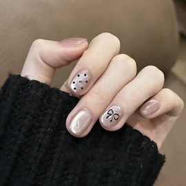 Press On Nails, Cat Eye‘s Beauty Pattern in Glue on Nails, Fake Nails, Stick On Nails, Short Almond Square Shape on 24PCS (Black Bow)