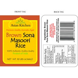 Asian Kitchen Brown Sona Masoori Aged Rice 10-Pound Bag, 10lbs (4.54kg) Short Grain Rice ~ All Natural | Gluten Friendly | Vegan | Indian Origin | Export Quality