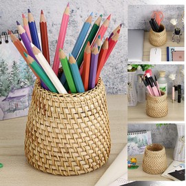 BSTKEY Handmade Rattan Woven Pencil Holder Desk Organizer, Multifunctional Stationery Storage Box Cosmetic Brushes Holder Stand, Cone (No Pencils)