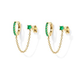 Dainty Round CZ Stud Small Hoop Cuff Double Piercing Earrings for Women Girls 925 Sterling Silver Threader Chain Drop Dangle Huggie Hoops Crawler Climbers Fashion Jewelry Gifts (Gold Green CZ)