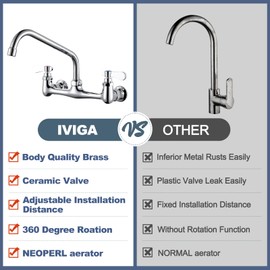 iVIGA Commercial Sink Faucet with 10” Swivel Spout, 8" Center Wall Mount Kitchen Faucet, Dual Handles Brass Utility Sink Faucet for Laundry Room Restaurant Compartment Sink, Polish Chrome