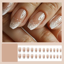 24Pcs Press On Nails Medium Coffin Fake Nails Acrylic Nails Press Ons Full Cover False Nails With Glossy Glitter Designs Reuseable Coffin Glue On Nails Medium Stick On Nails For Women