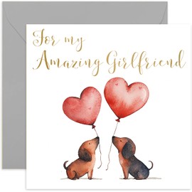 Special Anniversary Cards for Girlfriend, Valentines Day for Women - Two Cute Dogs holding Heart Balloons - Simple Romantic Design - Special Gifts for Him or Her - Blank Inside with Envelope