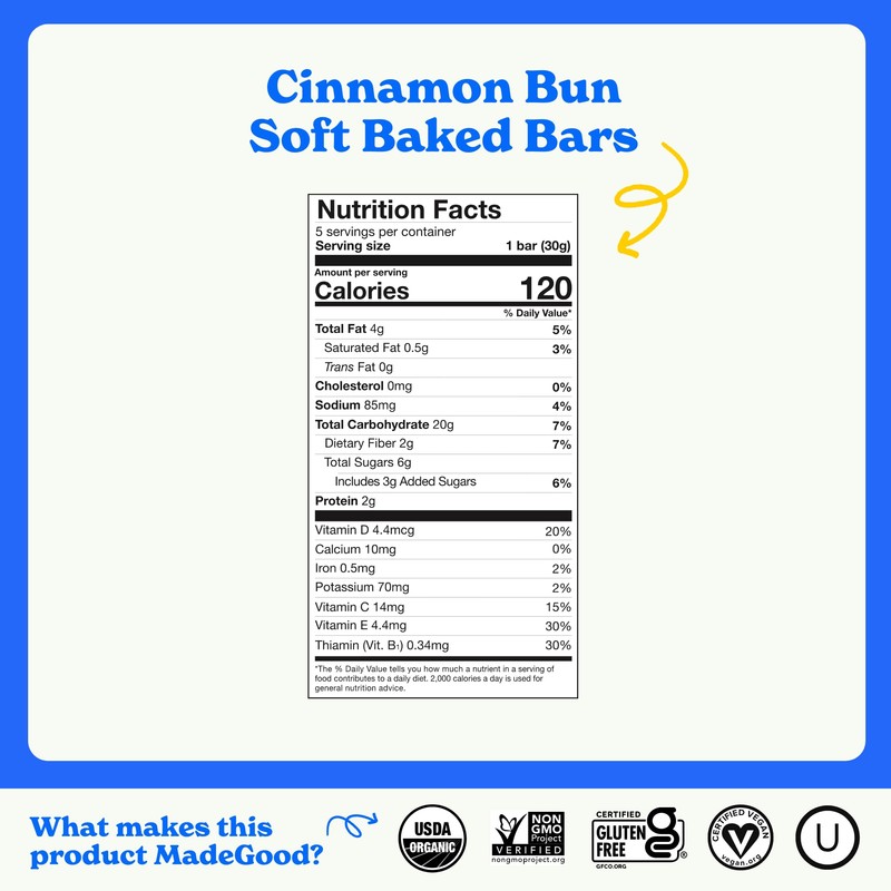 MadeGood Morning Cinnamon Bun Bars, 5ct/5.3 Oz, Organic Snacks