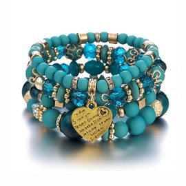Branets Bohemian Beaded Bracelets for Women Multilayer Crystal Stretch Bracelets Set Charm Love Heart Statement Bangles Jewelry