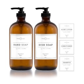 Vine Creations Amber Glass Soap Dispenser, 2 Pack Kitchen Soap Dispenser Set with Rustproof Pump, 16 oz Dish Soap and Hand Soap Dispensers for Bathroom with Waterproof Labels