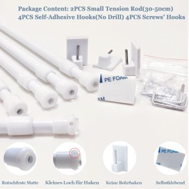 2Pcs Small Net Curtain Rods Extendable, Tension Rod Wardrobe, Curtain Rods White for Cupboard, Windows, Bookshelf (30-50CM/11.81-19.69 Inch,White,Diameter: 10mm/7.8mm)