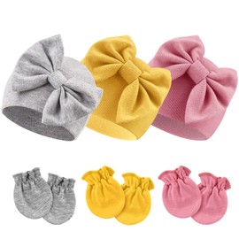 DRESHOW Newborn Baby Hat and Gloves Set Beanie Clothing Unisex Infant Hat Nursery Hat Baby Boys Girls 0-6 Months, 3 Sets: Bow Hats & Mittens Set78-04UK