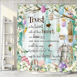 NYMB Funny Easter Shower Curtain, Farmhouse Cute Rabbit Inspirational Quotes Trust in The Lord Rustic Wooden Board Farmhouse Bathroom Curtain, Spring Green Bathroom Accessories, 71X71in