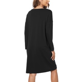 GYS Womens Long Sleeve Nightgown Bamboo Cotton Nightshirts Sleepwear Soft Stretchy Sleep Dress with Pockets, Black, Medium