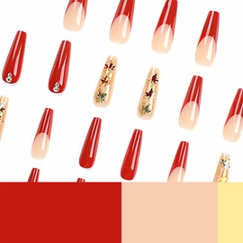 24PCS Fall Press on Nails Long Coffin Maple Leaves Foil Fake Nails Red Acrylic Nails Gold Glossy Stick on Nails with Rhinestone Autumn Glue on Nails for Women Girls