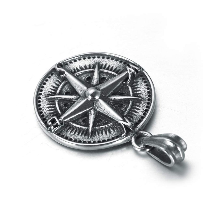 PAURO Men's Stainless Steel Vintage Round Compass Pendant Punk Necklace
