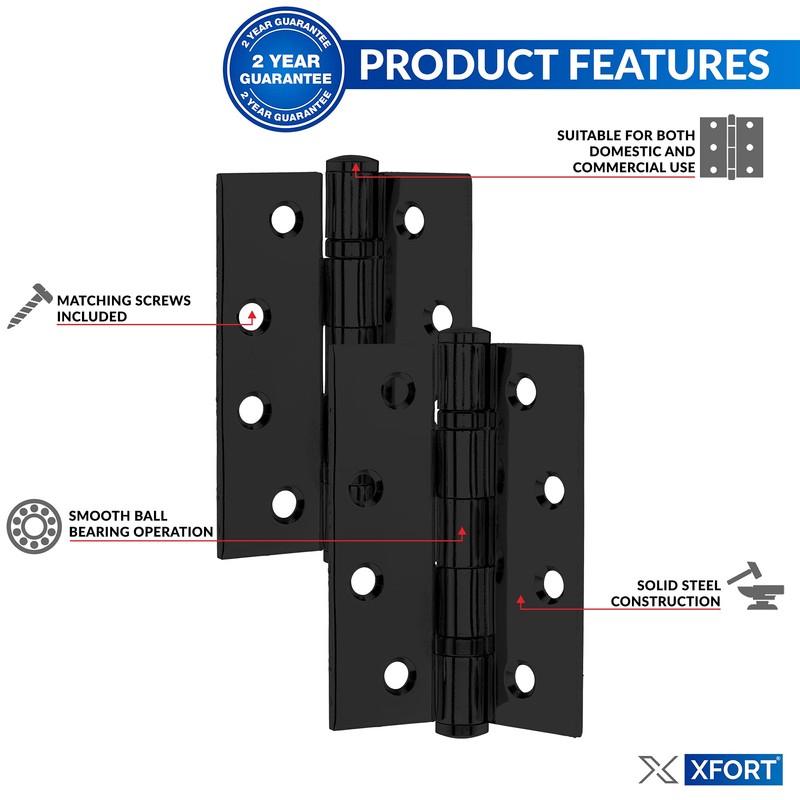 XFORT 4 Inch (100mm) Matt Black Ball Bearing Hinges, Steel