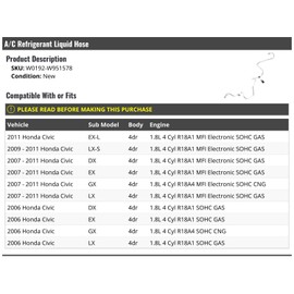 Marketplace Auto Parts A/C Refrigerant Liquid Hose - Compatible With 2006-2011 Honda Civic 4-Door
