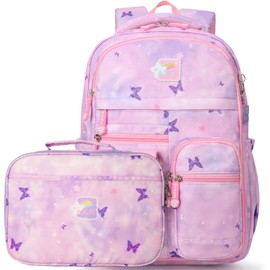BYXEPA Backpacks for Girls School Kids Backpack Bookbags with Insulated Lunch Box Set for School Elementary girl, Tie Dye School Bag with Compartments 16 * 11.5 * 7.5, Butterfly Purple