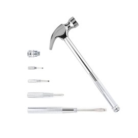 LANDIBO 6-in-1 Metal Multifunction Hammer & Screwdriver Hand Tool Set Including Cross & Flat Screwdriver for Opening Walnuts, Wall Hanging, Nice Little Gifts (argent)