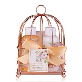 Accentra Honey Jasmine Women's Shower Set in Beautiful Wire Basket - 3-Piece Care Set with Shower Gel, Body Lotion and Bath Sponge - Wellness Gift Set for Birthday and Valentine's Day