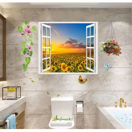 THNWSY Self-Adhesive Wall Sticker Romantic Living Room Bedroom Study Office Decorative Wall Sticker Ocean Scenery Fake Window Sticker Mural (17.3"×27.6", Sunflower)