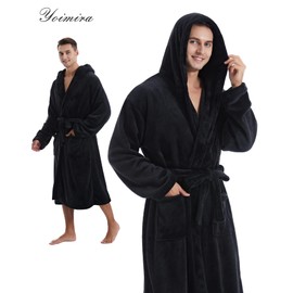 Yoimira Mens Robe with Hood, Plush Robe for Men Long Fleece Bathrobe Soft and Warm