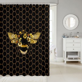 Honeycomb Shower Curtains,Geometric Golden Hexagon Bathroom Curtains for Boys Girls Adults,Bee Flower Wildlife Animal Black Brown Waterproof Bath Curtains,12 Hooks Suits for Bathtub,72" W x 72" L