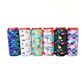 6pcs Neoprene Slim Beer Can Cooler Tall Stubby Holder Foldable Stubby Holders Beer Cooler Bags Fits 12oz Slim Energy Drink & Beer (Colorful F(6Pack))
