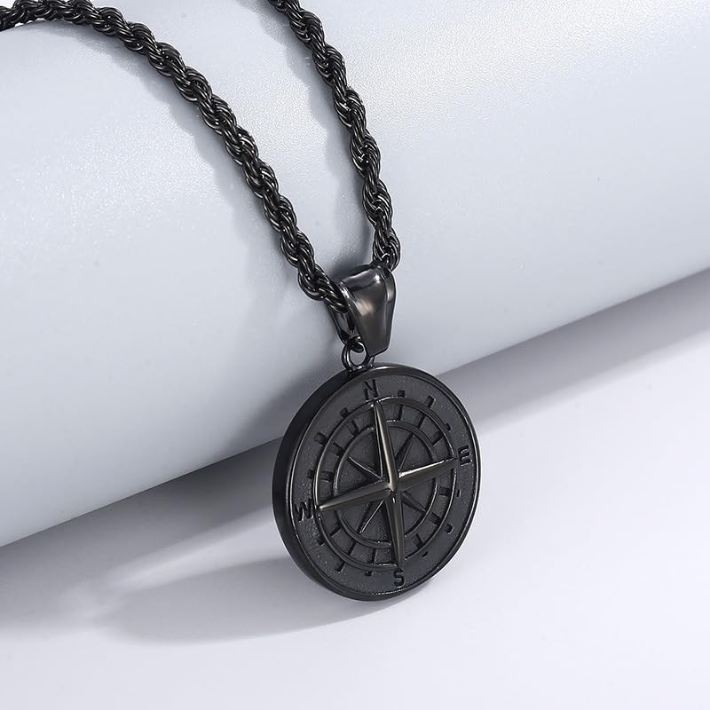 CunYu Men's Compass Pendant Necklace Stainless Steel Navigator Forged for