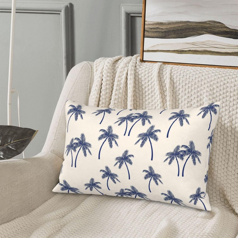 Navy Blue Palm Tree Lumbar Throw Pillow Covers Coastal Tropical