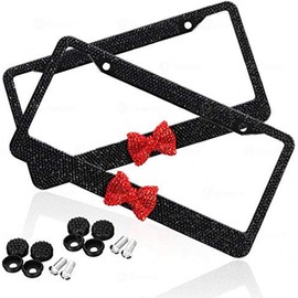ZONETECH Shiny Bling Rhinestone License Plate Cover Frame (Red Bow Rhinestone Frame, 1 Pack)