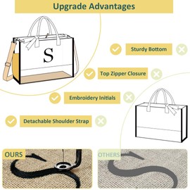 TOPEAST Gifts for Women - Initial Jute Beach Tote Bag with Makeup Bag and Strap, Women Birthday Gifts Bridesmaid Gifts, Reusable Shopping Bags with Zipper for Pool Office Trip Letter N